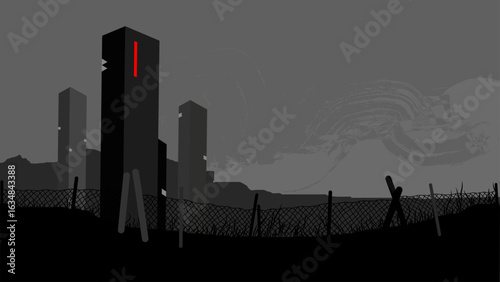 Dystopian Cityscape with Abstract Buildings and Barbed Wire Fence
