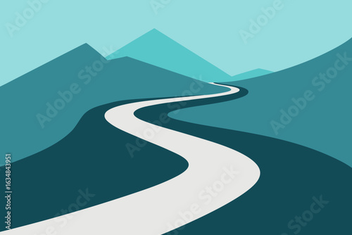 Curving road through stylized teal mountains under a clear sky