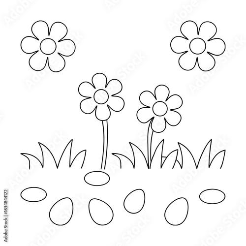 Flowers and eggs in grass nature spring