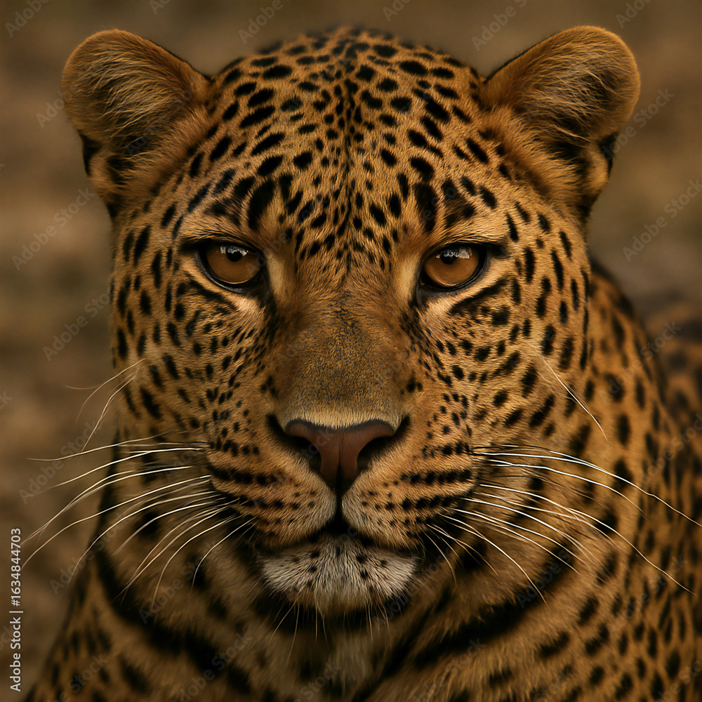 Obraz premium Stunning close-up portrait of a majestic leopard with an intense gaze, showcasing its beautiful spotted fur and amber eyes.