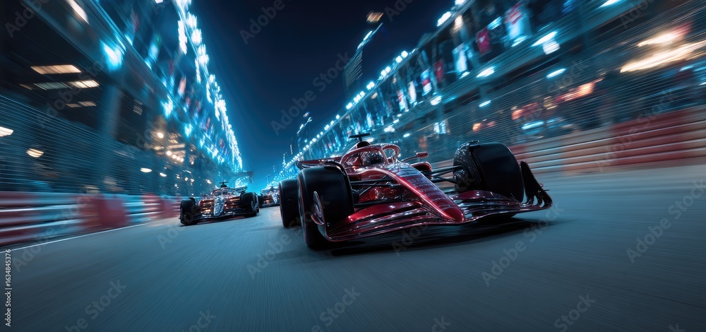 Obraz premium Night race blurred red Formula 1 car leads pack under vibrant city lights; motion-blurred background