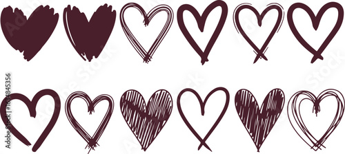 Collection of hand drawn hearts in various styles and textures