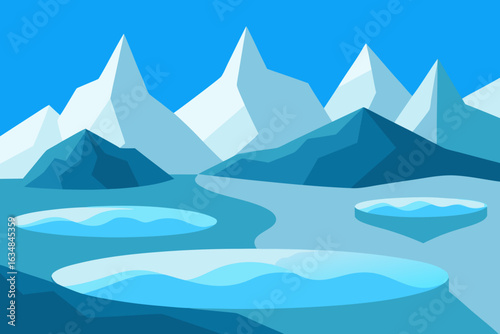 Stylized arctic landscape with snow capped mountains and frozen ponds
