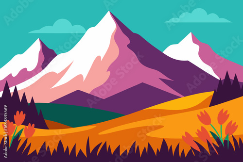 Mountain Landscape with Flowers and Trees