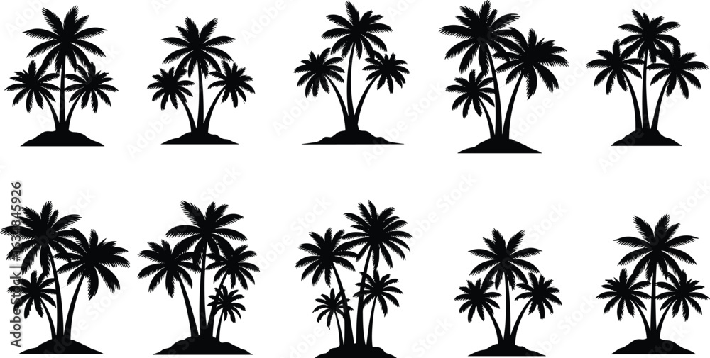 Obraz premium Silhouette of tropical coconut palm trees, island landscape clipart, summer vacation illustration, exotic beach vector set, black design elements