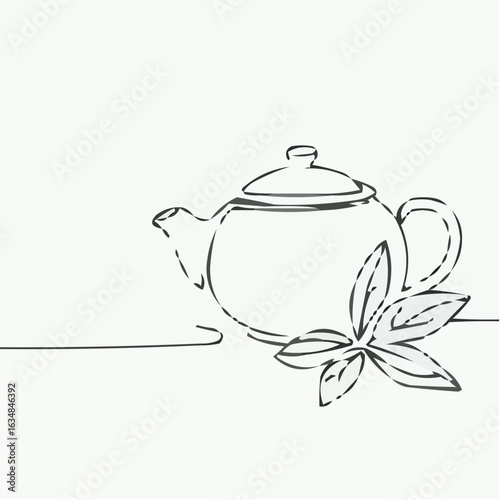 Teapot with leaves in minimalist style representing Traditional Chinese tea ceremony  