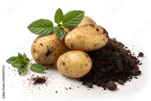 potato tubers with soil on a clean white backgroun