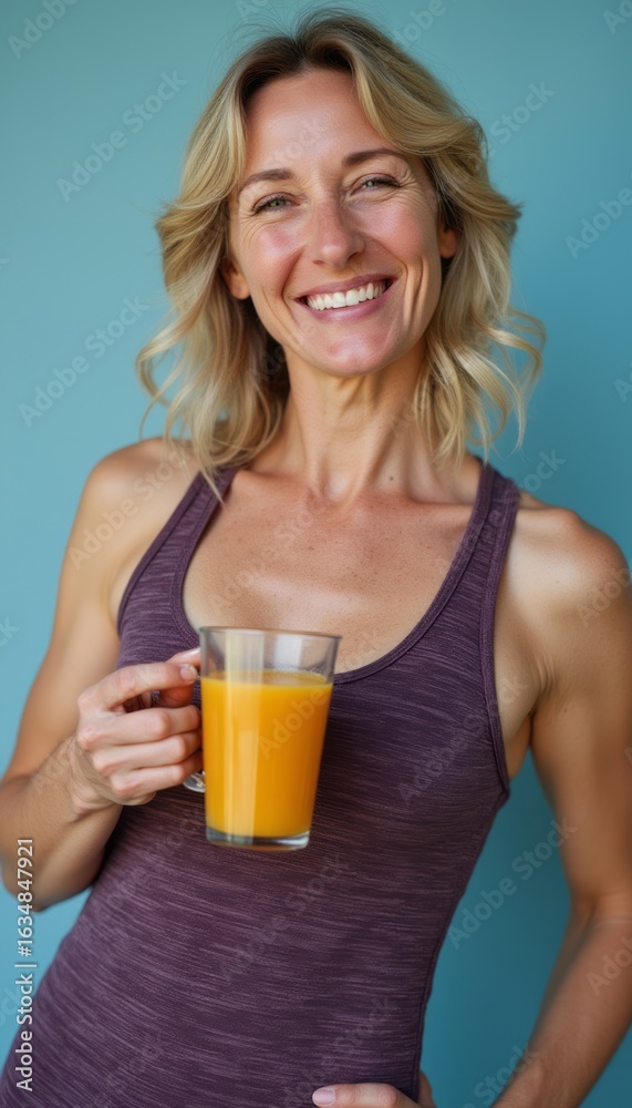 Smiling woman holding a glass of orange juice Smiling woman holding a glass of orange juice