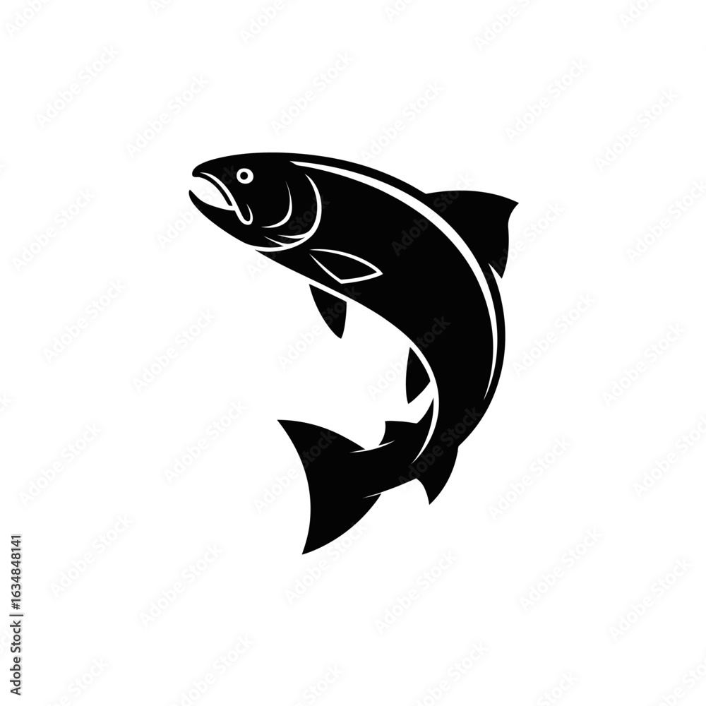 Obraz premium Black silhouette of a leaping salmon isolated on white background