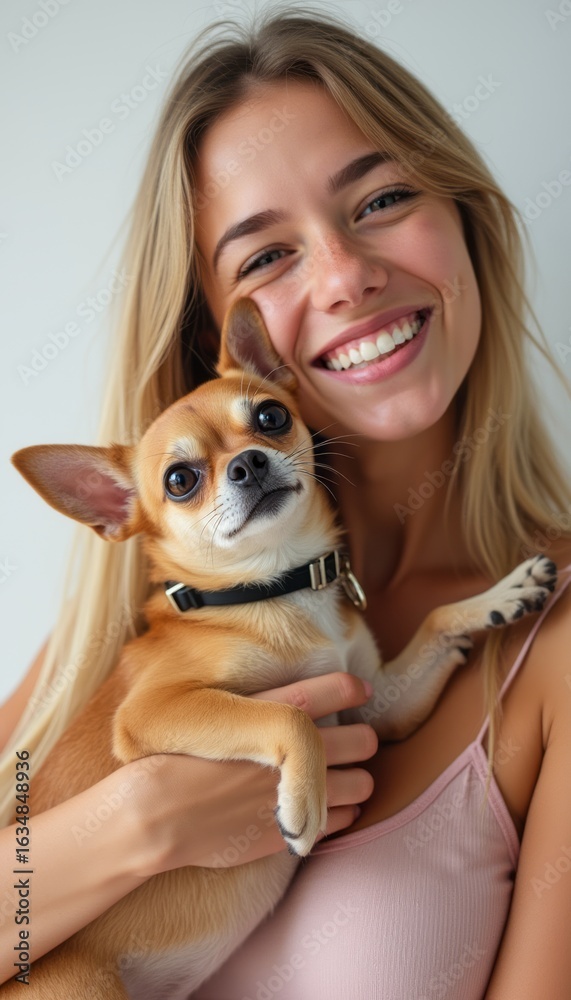 Joyful woman holding her adorable Chihuahua Joyful woman holding her adorable Chihuahua