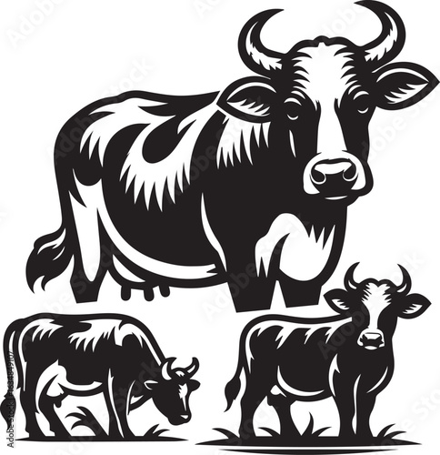 Monochrome Silhouette Depicting Three Cows Grazing and Standing with Elegance in an Artful Vector Graphic Illustration