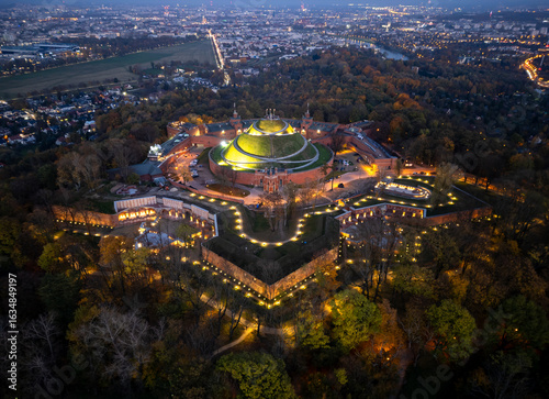 Krakow, Poland, Kosciuszko Mound surrounded by a XIXth century fortress, Kosciuszko Fort, on the top of the hill dominating city panorama