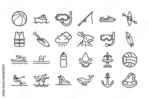Water Related Activities Icon Set. Includes icons for swimming, boating, fishing, kayaking, snorkel, water slides, volleyball, dolphins, life vests, and more. Editable stroke. Vector illustration.
