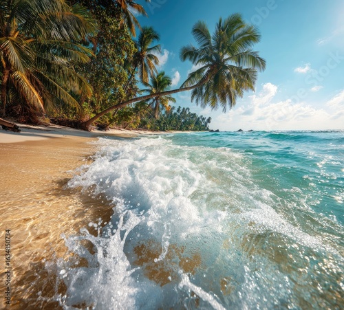 Idyllic tropical beach scene;  sunlit, clear turquoise water washes gently ashore on a pristine, sandy beach, fringed by lush palm trees under a vibrant blue sky