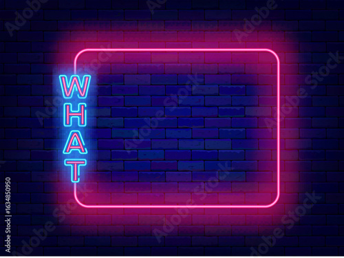 What neon flyer. Question sign. Trivia show. Surprise bonus. Empty pink frame. Vector stock illustration