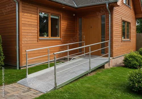 Accessible wooden house entrance with metal ramp and handrails