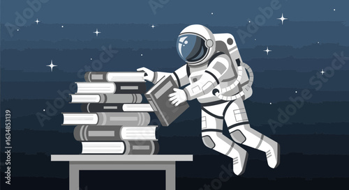 An astronaut arranging books in outer space, representing the pursuit of knowledge