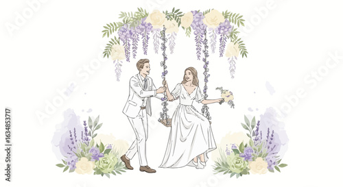 Charming wedding illustration of a couple on a swing decorated with flowers creating a romantic