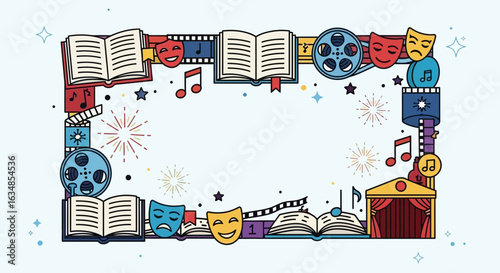 Colorful cultural frame with books, theater masks, film reel and music notes to portray the arts