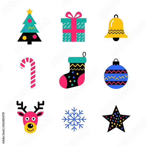 Festive Christmas Icons Set: Holiday Decorations and Symbols in Flat Design