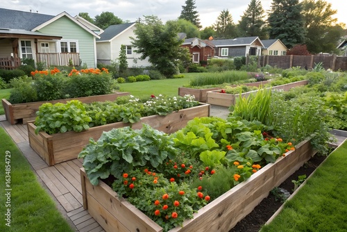 Blooming backyard vegetable garden with raised beds in a residential neighborhood