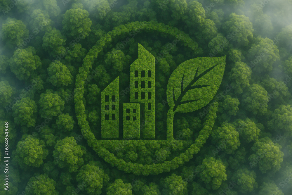 Naklejka premium Eco city symbol carved into lush forest canopy, representing sustainable urban development and green technology concept amidst misty treetops