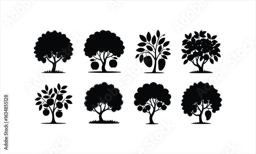 Collection of various fruit trees in a simple outline style silhouette