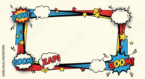 Dynamic comic book style frame with vibrant colors and classic onomatopoeia effects