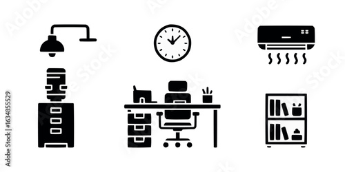 Black and white office workspace icon set featuring desk air conditioner water cooler and bookshelf representing productivity and comfort