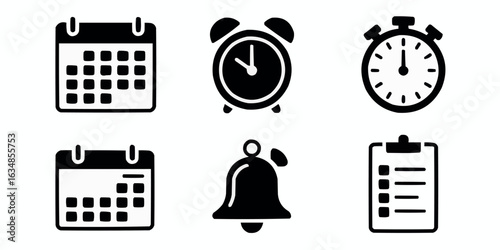 Collection of time management icons symbolizing scheduling reminders deadlines and productivity in a modern vector style isolated on white