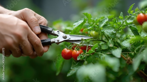 Hands use pruning shears to carefully harvest ripe tomatoes from bushy green plants on a bright day in the garden
