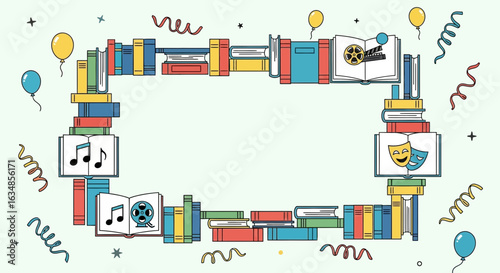 Festive literary celebration frame of books, movies, music, and theater arts
