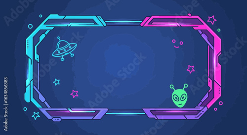 Futuristic streaming overlay frame with neon elements, featuring alien theme design