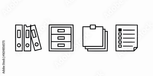Office Supplies and Documents for Business Organization and Productivity Icons in Black and White