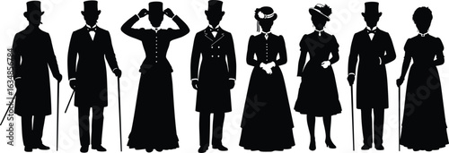 Victorian era silhouettes of men and women, formal vintage clothing, historical fashion illustration, antique dress, retro standing group