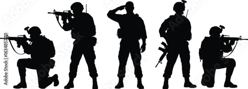 Soldier silhouette, military vector illustration, armed forces pose, army men with guns, tactical combat position, black army shadow clipart