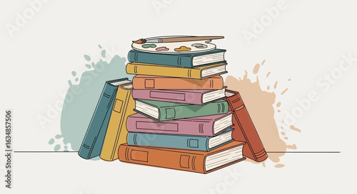Stack of colorful books with a palette and paintbrush illustration in detail line drawing style on
