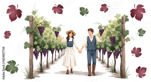 Watercolor illustration of a romantic couple walking in a vineyard hand in hand during grape