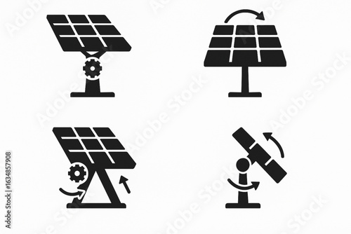 Solar Tracker Mechanism Icons Silhouettes Vector Set on White Background