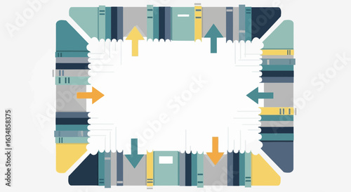 Abstract illustration of books and arrows forming a frame for educational content