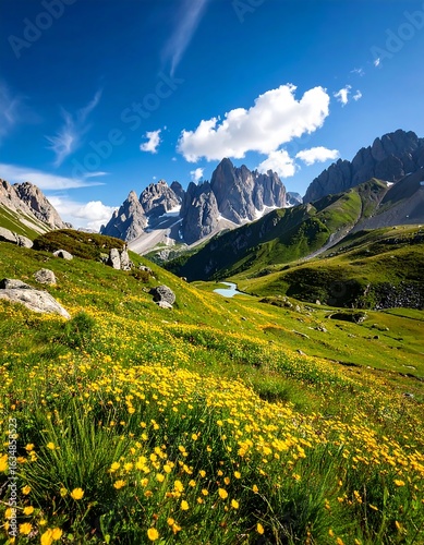 Alpine meadow wildflowers under a vibrant blue sky