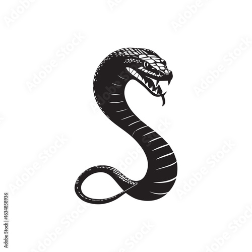 Vector art of stylized black and white illustration of a coiled cobra snake with open fangs, isolated on white background