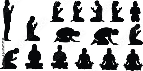 Silhouette of people praying, meditating, worshipping, kneeling, sitting, peaceful posture, religious reflection, spiritual practice, yoga, calm, black vector