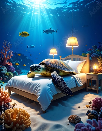 Underwater bedroom scene with a sea turtle resting on a bed, surrounded by coral and fish