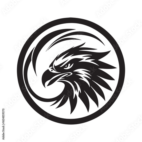 Vector art of stylized black silhouette of an eagles head within a circular tribal design, isolated on white background