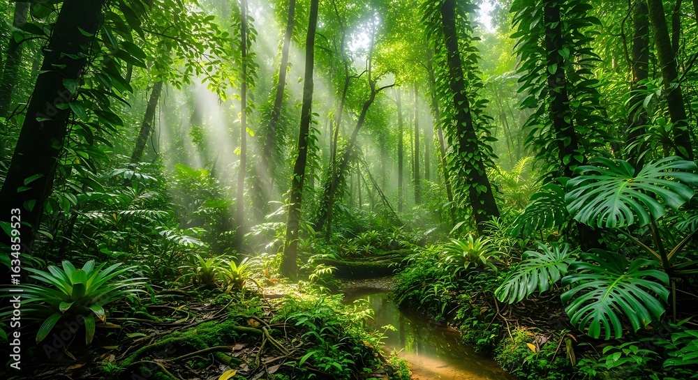 Fototapeta premium Beautiful bright landscape of a tropical rainforest with vibrant green plants and trees in sunlight.