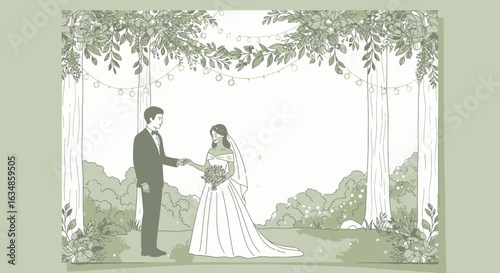 Elegant wedding illustration with couple under floral canopy in natural setting
