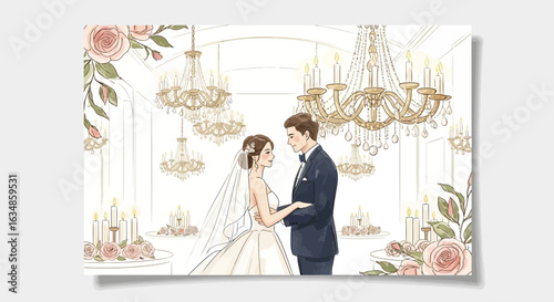 Elegant wedding illustration featuring a couple surrounded by chandeliers and roses