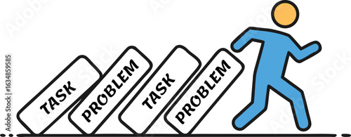 A man is running away from falling knuckles with the words "task" and "problem" written on them. This is a symbol of a deadline, a great responsibility, and a chain reaction of unresolved issues.