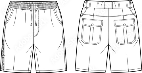 Shorts technical drawing, front and back view, elastic waistband, drawstring, side pockets, flap pockets, button closure, stitching detail, fashion sketch, garment design, template.